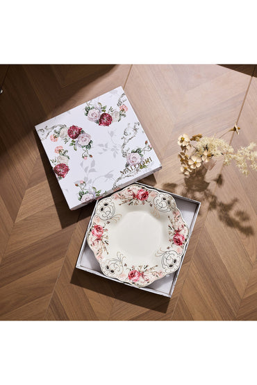 Bol fructieră porțelan model floral vintage, margini dantelate, diametru 33 cm