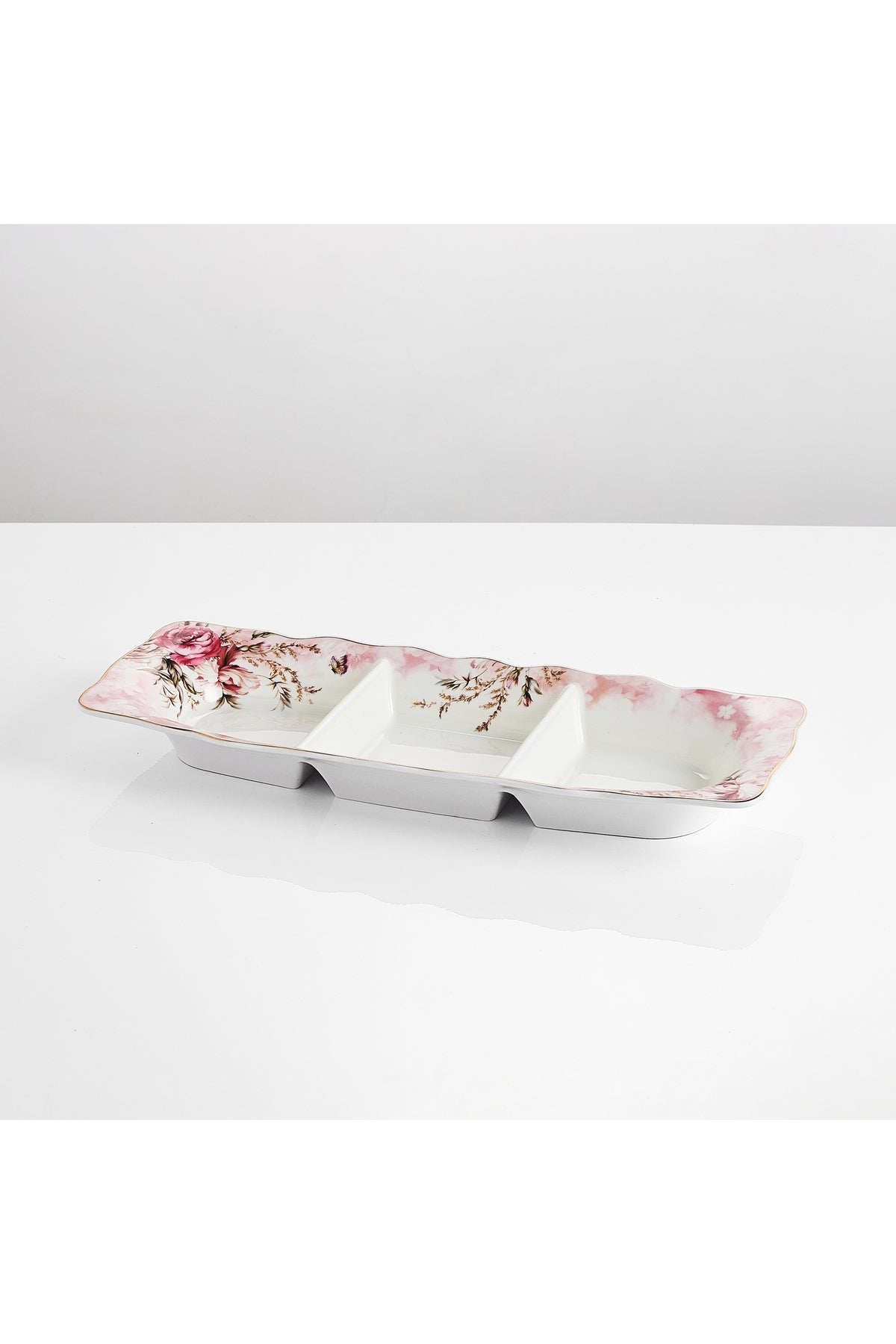 Platou compartimentat 3 secțiuni porțelan model floral vintage, 27 x 14.5 cm