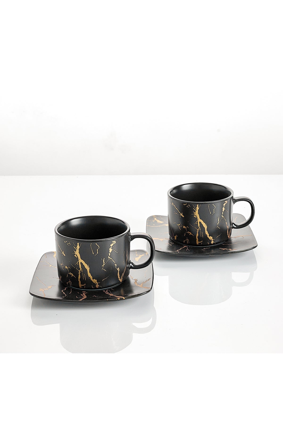 Set de 2 cești cu 2 farfurioare, 180 ml - Negru marmorat