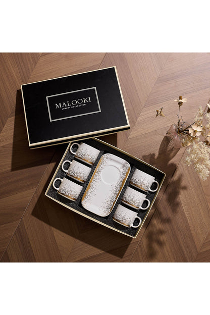 Set de 6 cești cu 6 farfurioare platou dreptunghiular, porțelan, 180 ml - Snowing collection