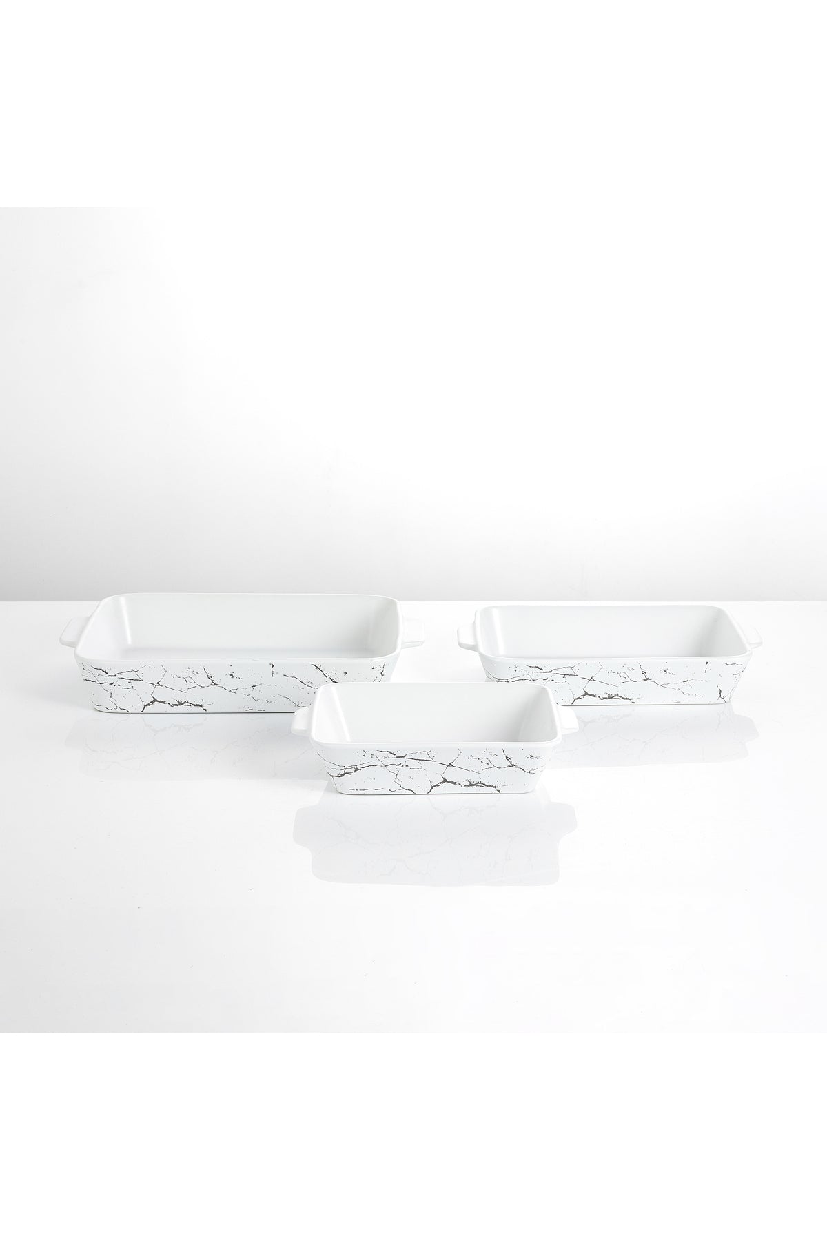 Set 3 Tăvi de cuptor Dreptunghiulare din Porțelan - alb marmorat