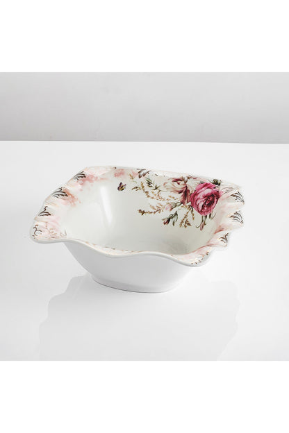 Bol porțelan model floral vintage, margini ondulate, 26.5 cm
