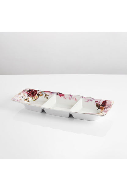 Platou compartimentat 3 secțiuni porțelan model floral vintage, 27 x 14.5 cm