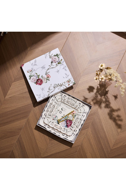 Platou etajat 2 niveluri porțelan, model floral vintage, tijă metalică aurie