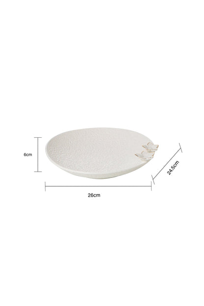 Platou Decorativ din Porțelan Alb cu Textură de Piatră și Detalii Florale - 26 cm