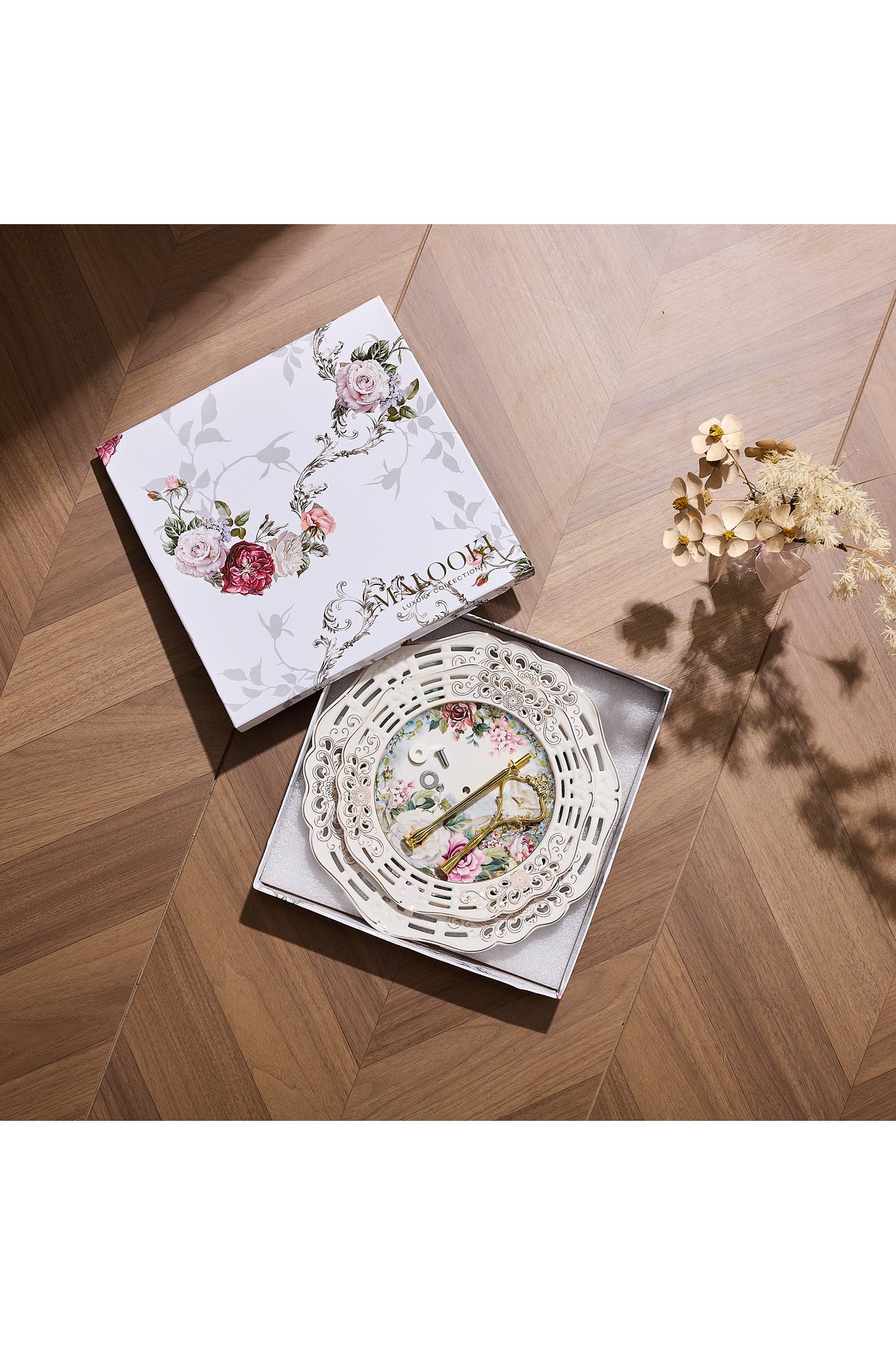 Platou etajat 2 niveluri porțelan, model floral vintage, platouri rotunde