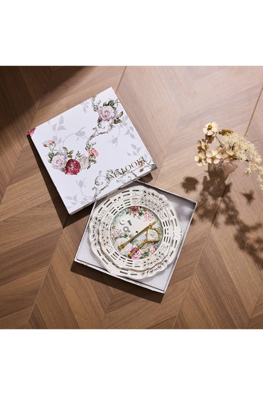 Platou etajat 2 niveluri porțelan, model floral vintage, platouri rotunde