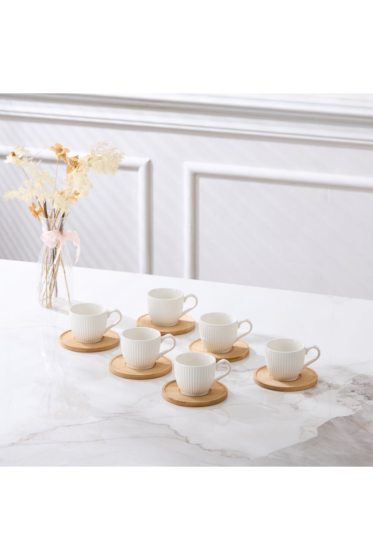 Set 6 cești espresso porțelan Groove cu farfurioare bambus, 90ml, alb