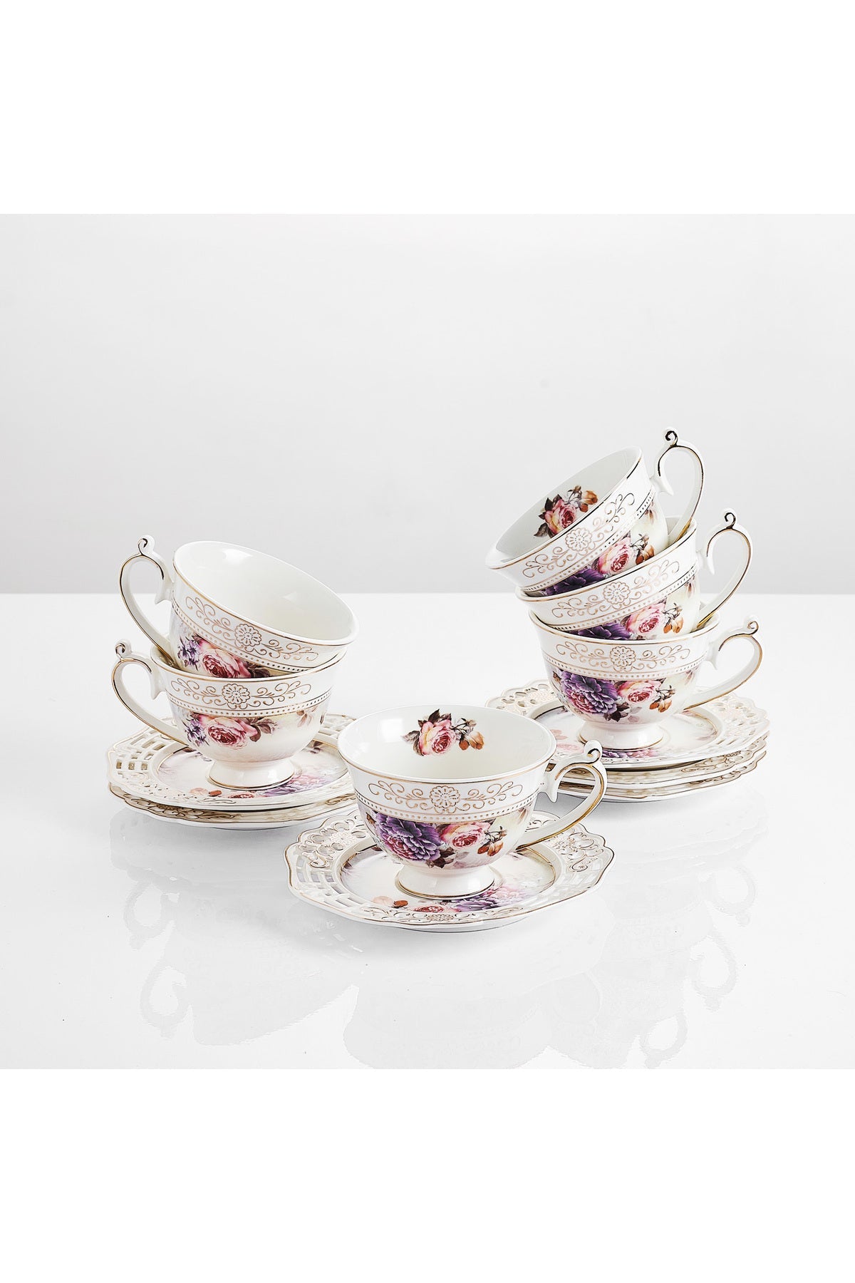 Set 6 cești espresso cu 6 farfurioare rotunde porțelan 90 ml – model floral elegant