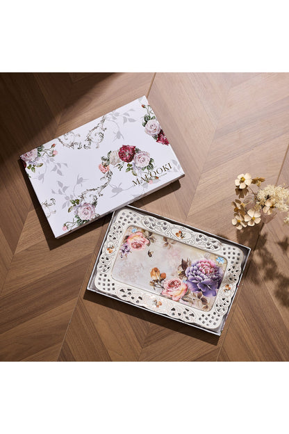Tavă servire porțelan model floral vintage, margini dantelate decupate, 36 x 23 cm