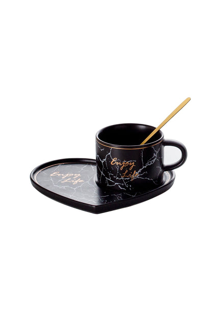 Set de 2 cești cu 2 farfurioare Inimă și 2 lingurițe, porțelan, 200 ml - Negru
