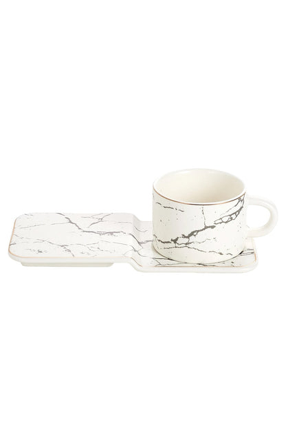 Set 6 cești espresso din porțelan cu farfurioare dreptunghiulare pentru servire, 90 ml - Alb