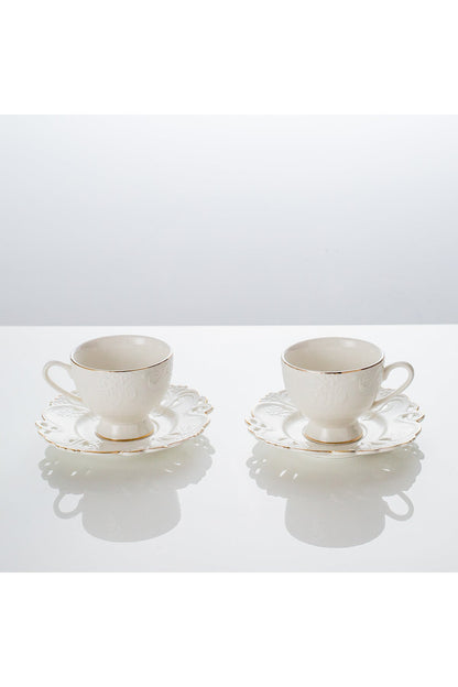 Set de 2 cești cu 2 farfurioare, portelan, 180 ml - Model alb dantelat