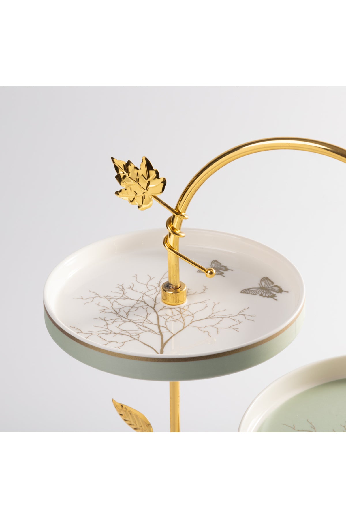 Platou etajat 3 niveluri porțelan Lifetree, structură metalică aurie, verde-auriu, 39 cm