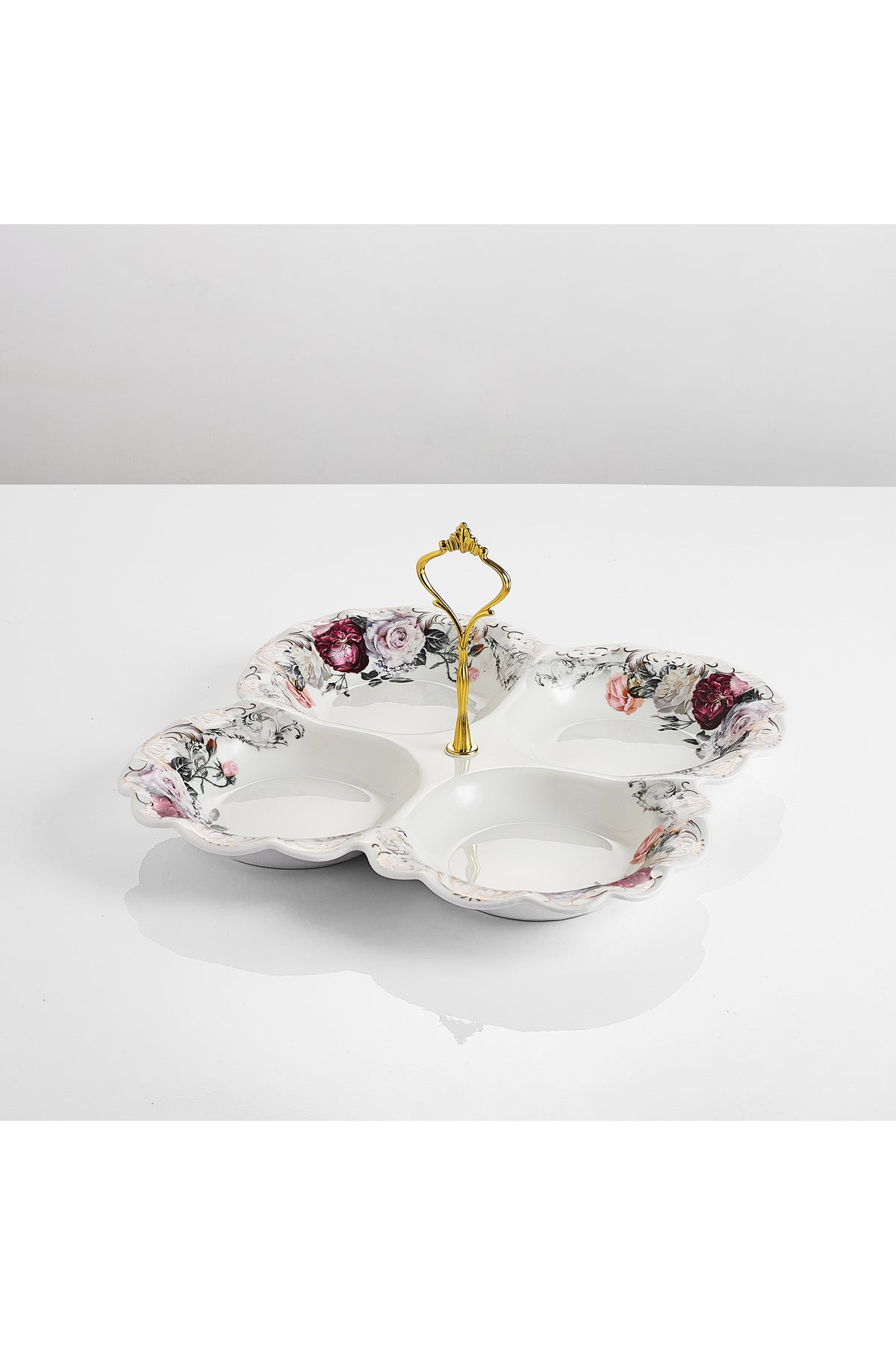 Platou compartimentat 4 secțiuni porțelan model floral vintage, mâner auriu