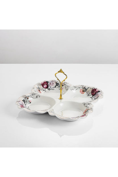 Platou compartimentat 4 secțiuni porțelan model floral vintage, mâner auriu