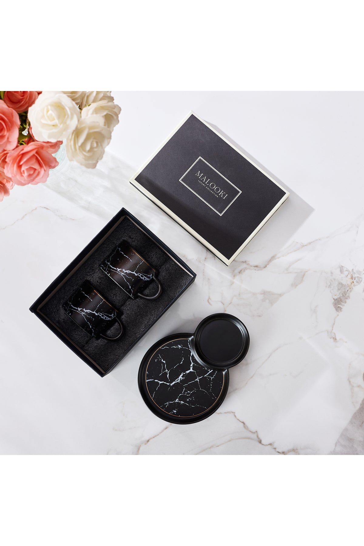 Set 2 cești de cafea din porțelan cu farfurioare duble pentru gustări, 180 ml - Negru
