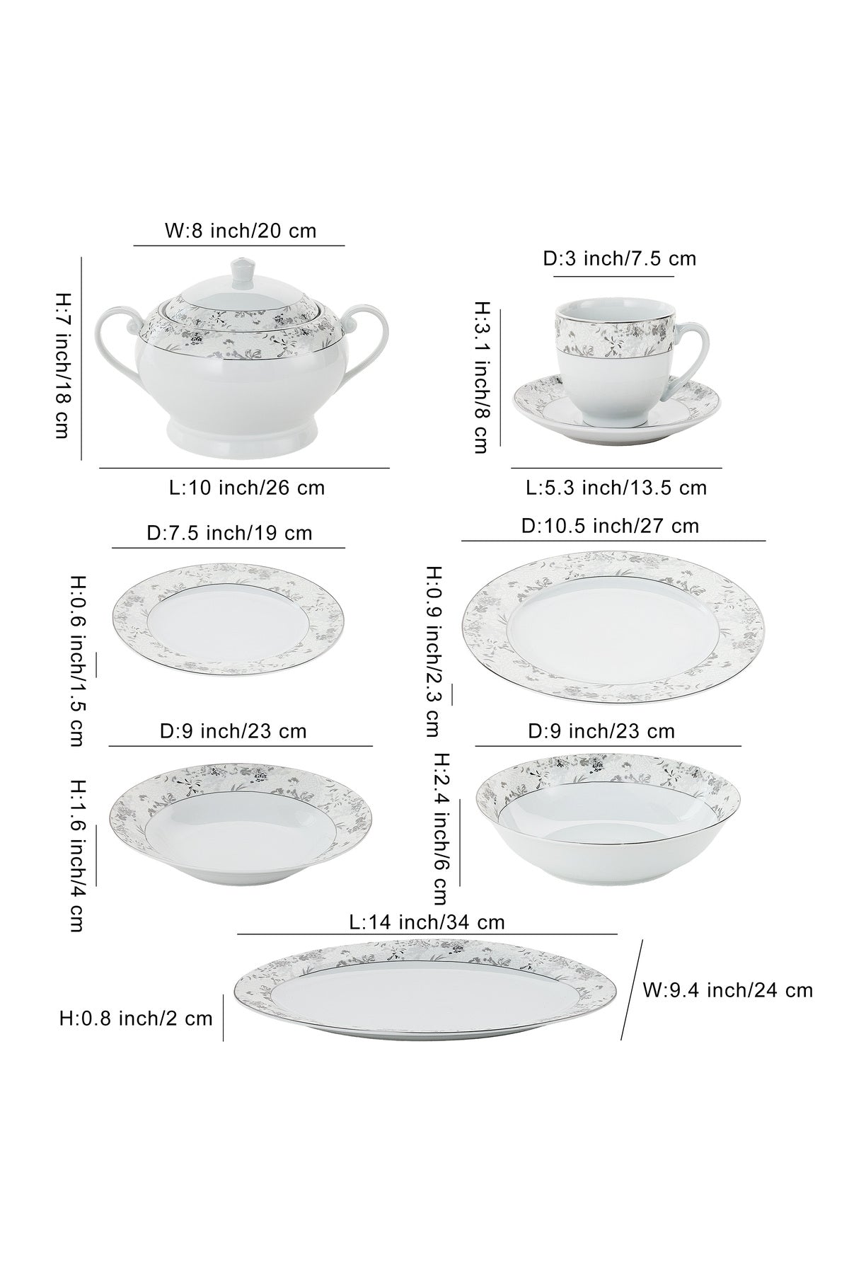 Serviciu de Masă 12 Persoan Golden Blossom din Porțelan 64Piese,Design Floral Bogat cu Detalii Aurii