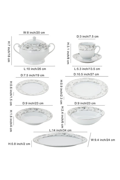 Serviciu de Masă 12 Persoan Golden Blossom din Porțelan 64Piese,Design Floral Bogat cu Detalii Aurii