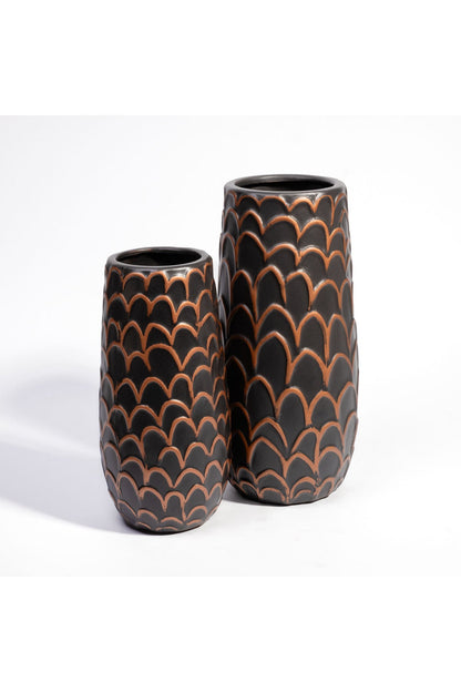 Vază Decorativă Ceramică – Negru și Cupru cu Model în Relief - 23 cm