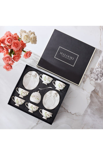 Set 6 cești de cafea din porțelan cu farfurioare și zaharniță,180 ml - decor floral în relief