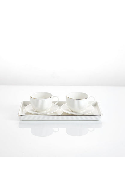 Set Servire Cafea - 2 Cești 190ml, 2 Farfurioare și platou Porțelan - Royal Alb