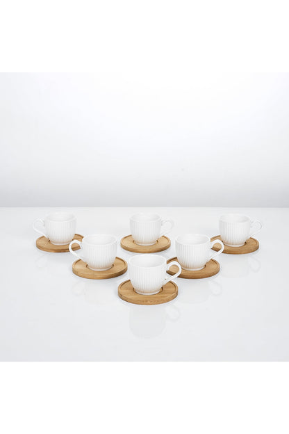 Set 6 cești espresso porțelan Groove cu farfurioare bambus, 90ml, alb