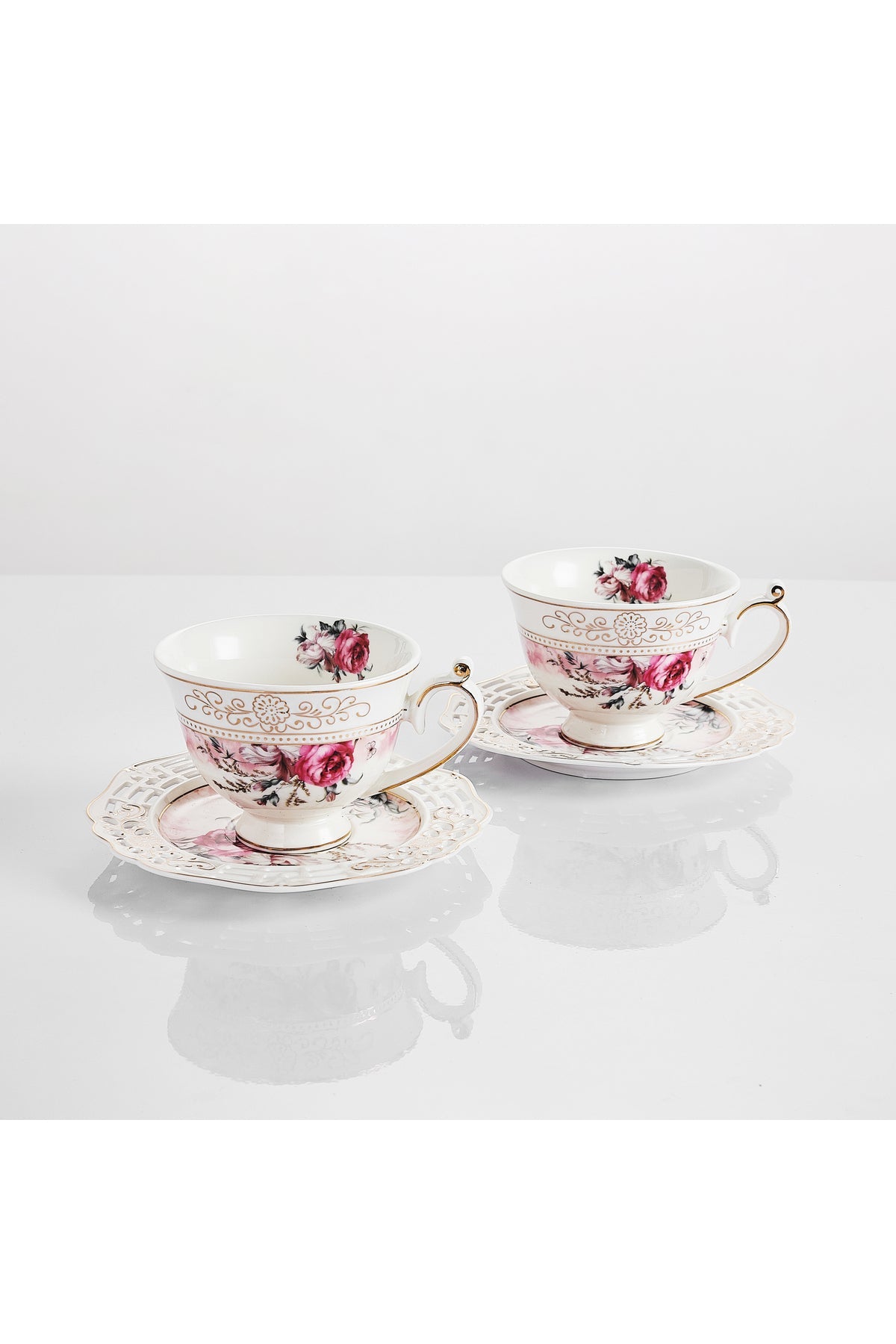 Set 2 cești cafea cu 2 farfurioare rotunde porțelan 200 ml – model floral elegant