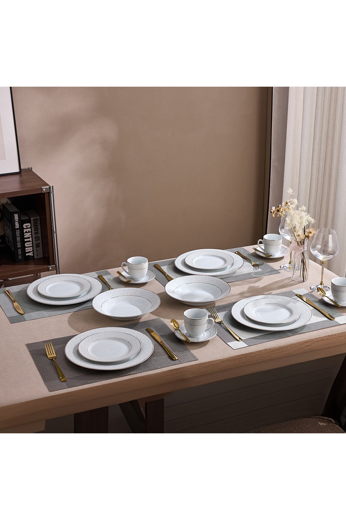 Serviciu de Masă 6 persoane Golden Stardust din Porțelan 30 piese, Design Modern cu Puncte Aurii