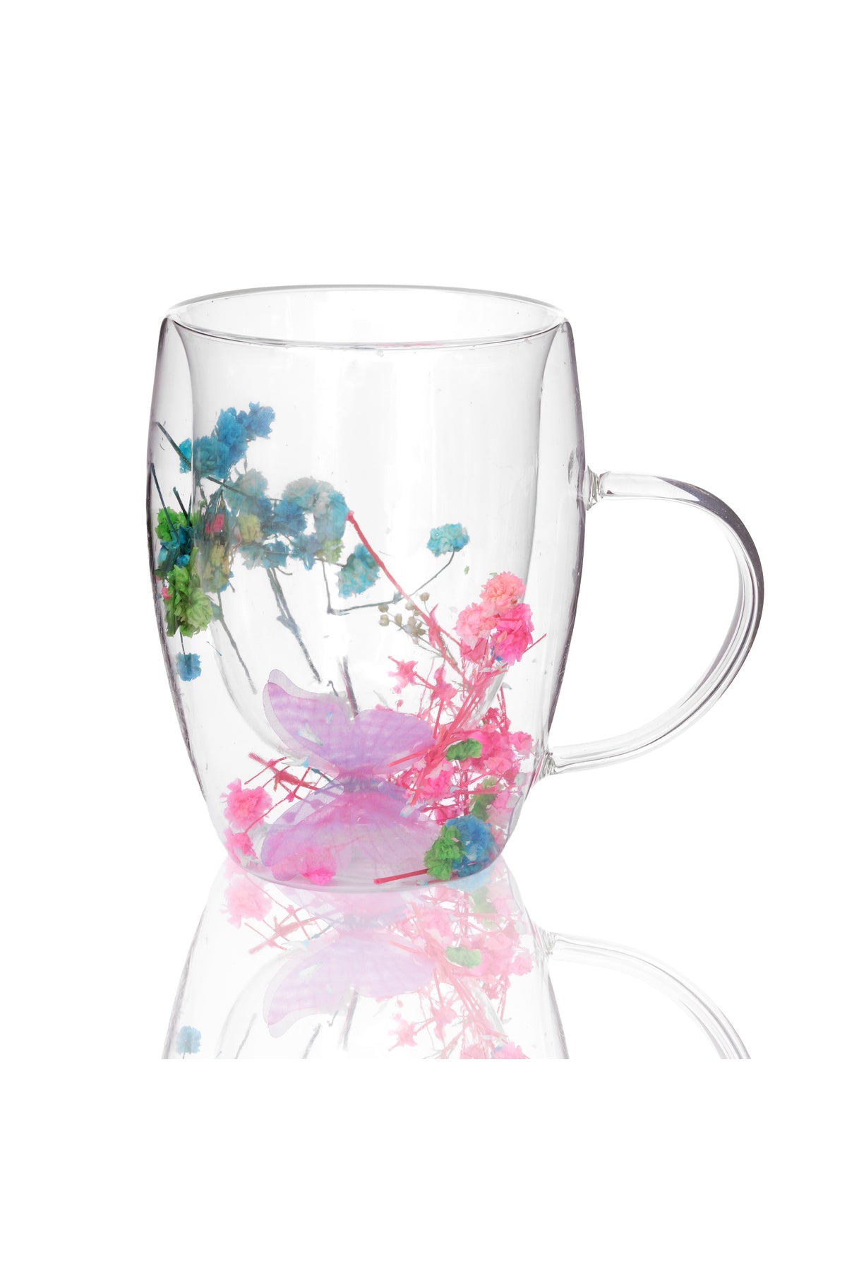 Cană din Sticlă cu Pereți Dubli "Butterfly" cu Flori Uscate și Fluture Decorativ – 350 ml