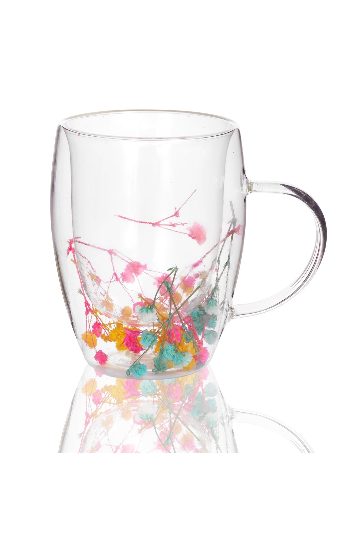 Cană din Sticlă cu Pereți Dubli "Viata" cu Flori Uscate Multicolore Naturale – 350 ml