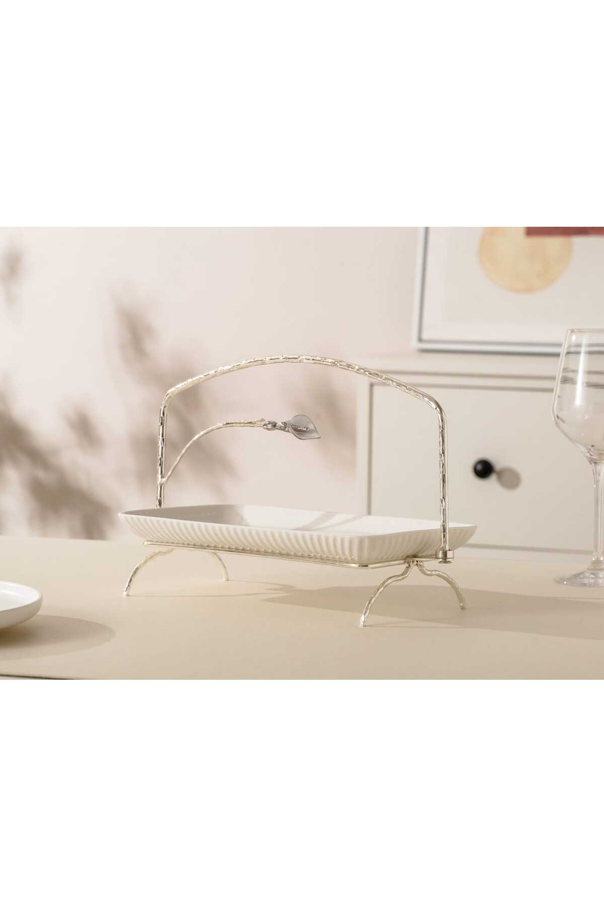 Platou Servire din porțelan alb cu Suport Metalic argintiu - 34.6 cm