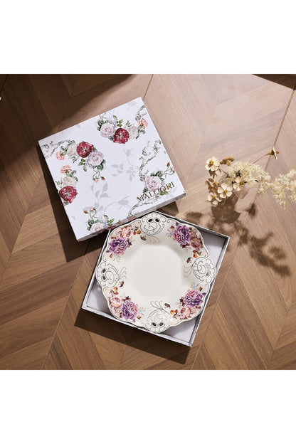 Bol fructieră porțelan model floral vintage, margini dantelate, diametru 33 cm