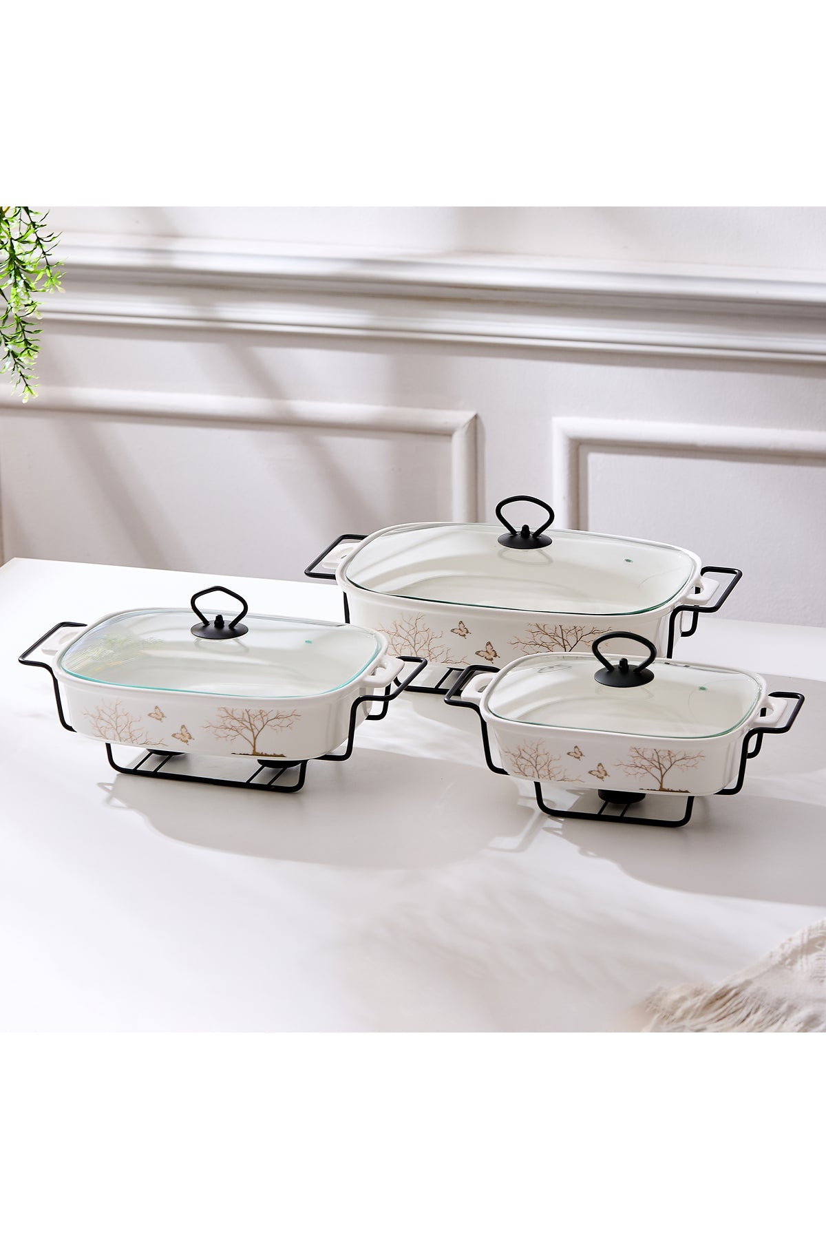 Vas de cuptor din porțelan cu suport încălzitor și capac sticlă, 27 cm - Lifetree Collection