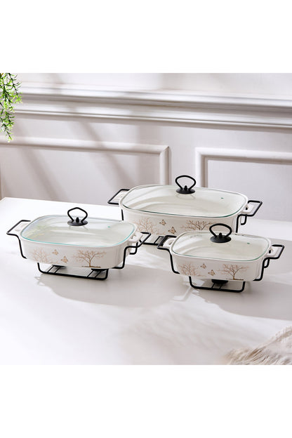 Vas de cuptor din porțelan cu suport încălzitor și capac sticlă, 27 cm - Lifetree Collection