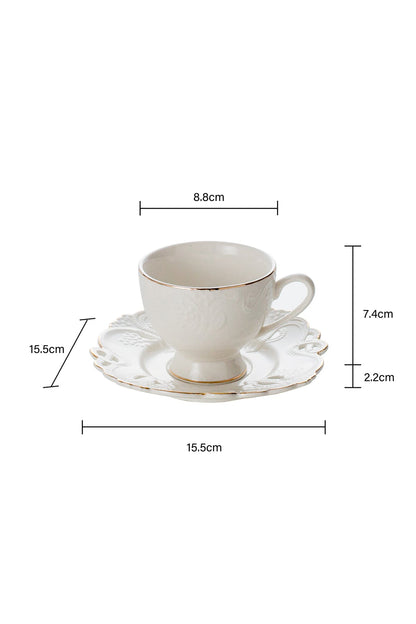 Set de 2 cești cu 2 farfurioare, portelan, 180 ml - Model alb dantelat