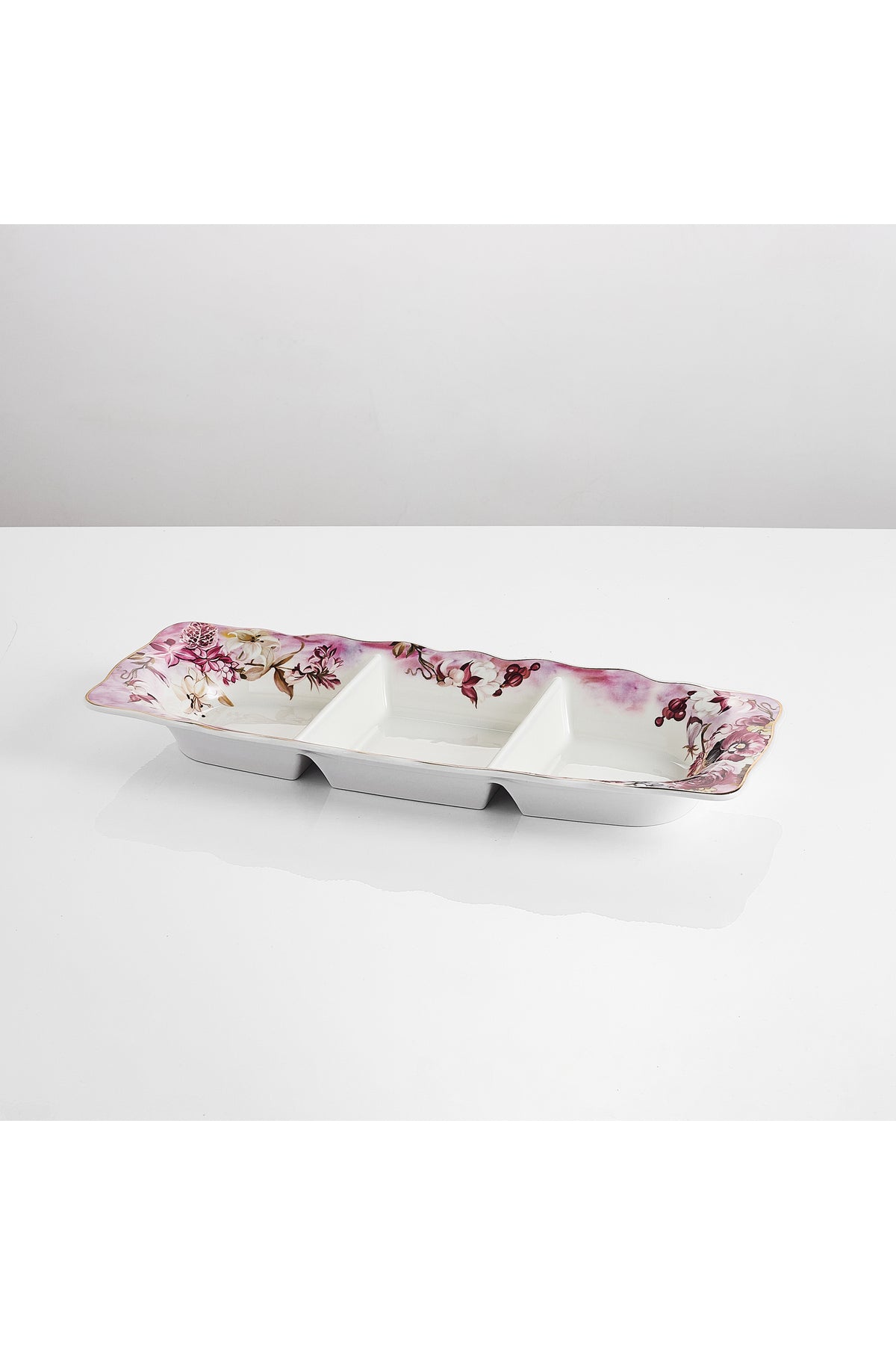 Platou compartimentat 3 secțiuni porțelan model floral vintage, 27 x 14.5 cm