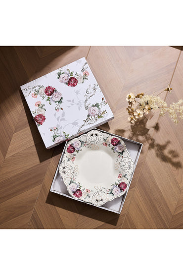 Bol fructieră porțelan model floral vintage, margini dantelate, diametru 33 cm