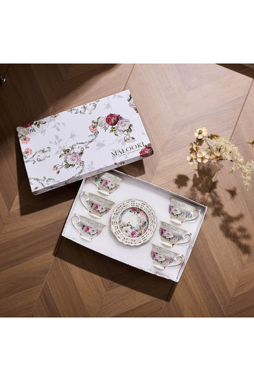 Set 6 cești espresso cu 6 farfurioare rotunde porțelan 90 ml – model floral elegant