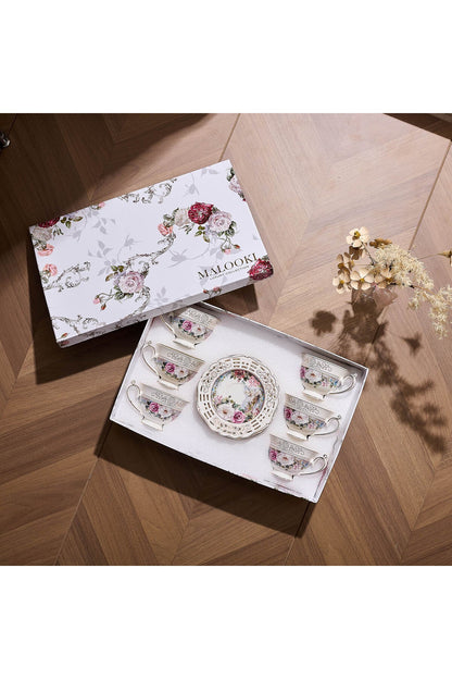 Set 6 cești espresso cu 6 farfurioare rotunde porțelan 90 ml – model floral elegant