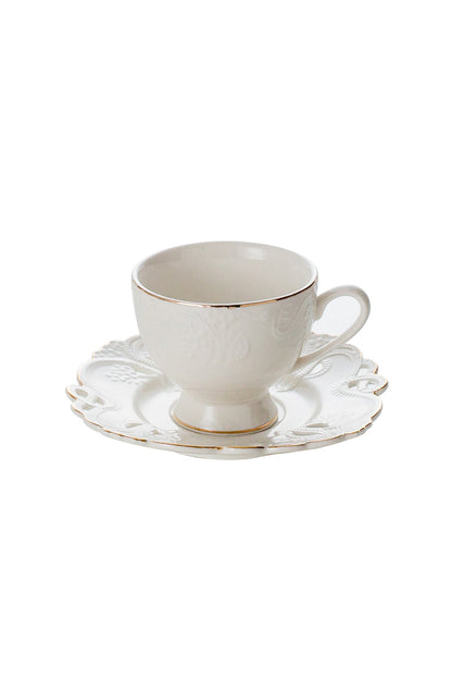 Set de 2 cești cu 2 farfurioare, portelan, 180 ml - Model alb dantelat