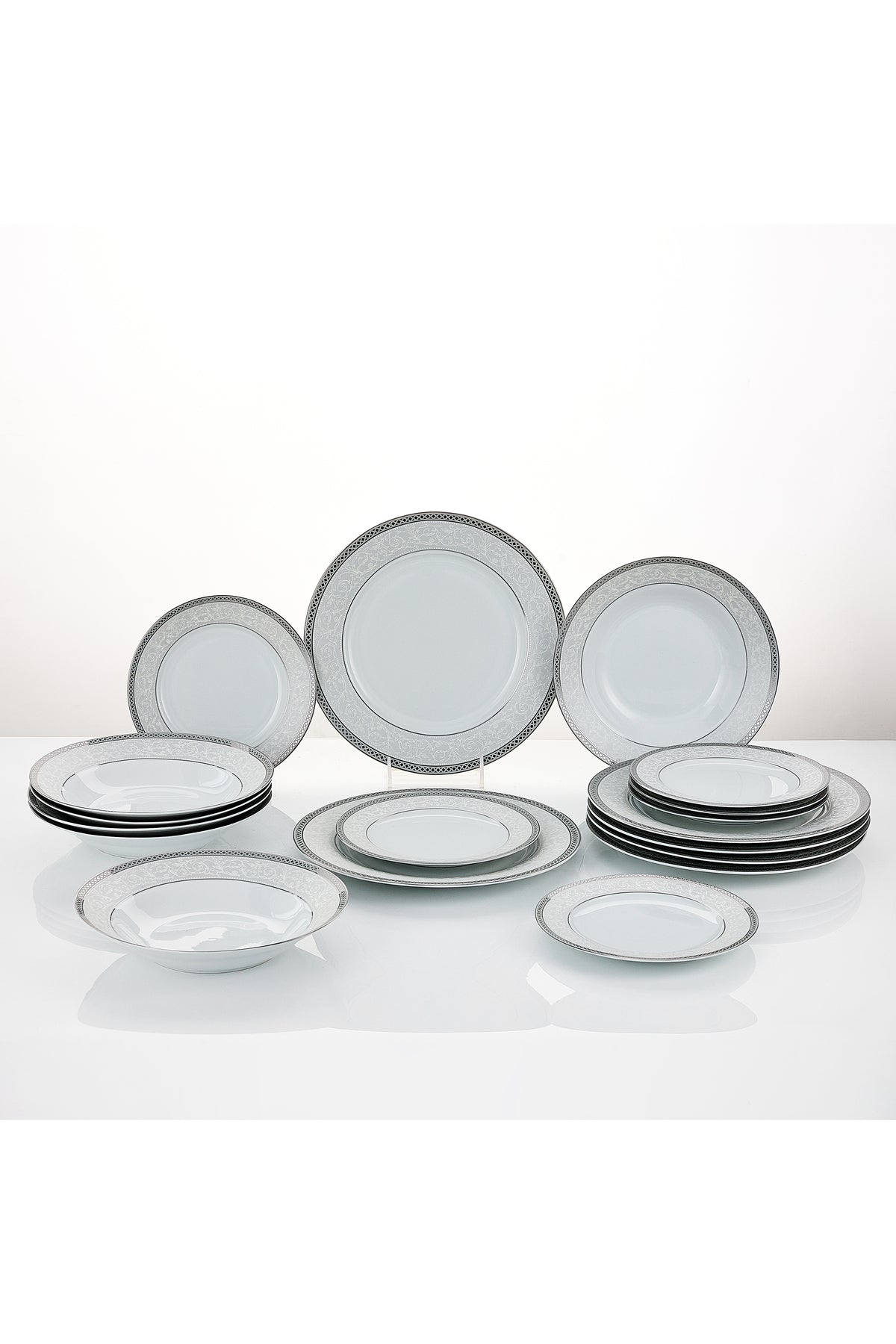 Serviciu de Masă 6 persoane Royal Medallion din Porțelan 18 Piese, Design Floral cu Bordură Argintie