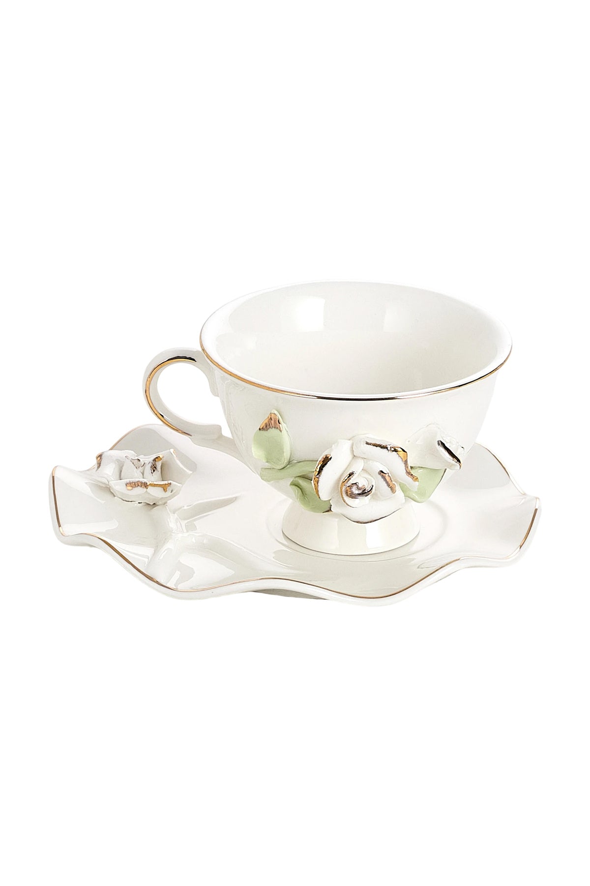 Set 2 cești de cafea din porțelan cu farfurioare, 180 ml - decor floral în relief