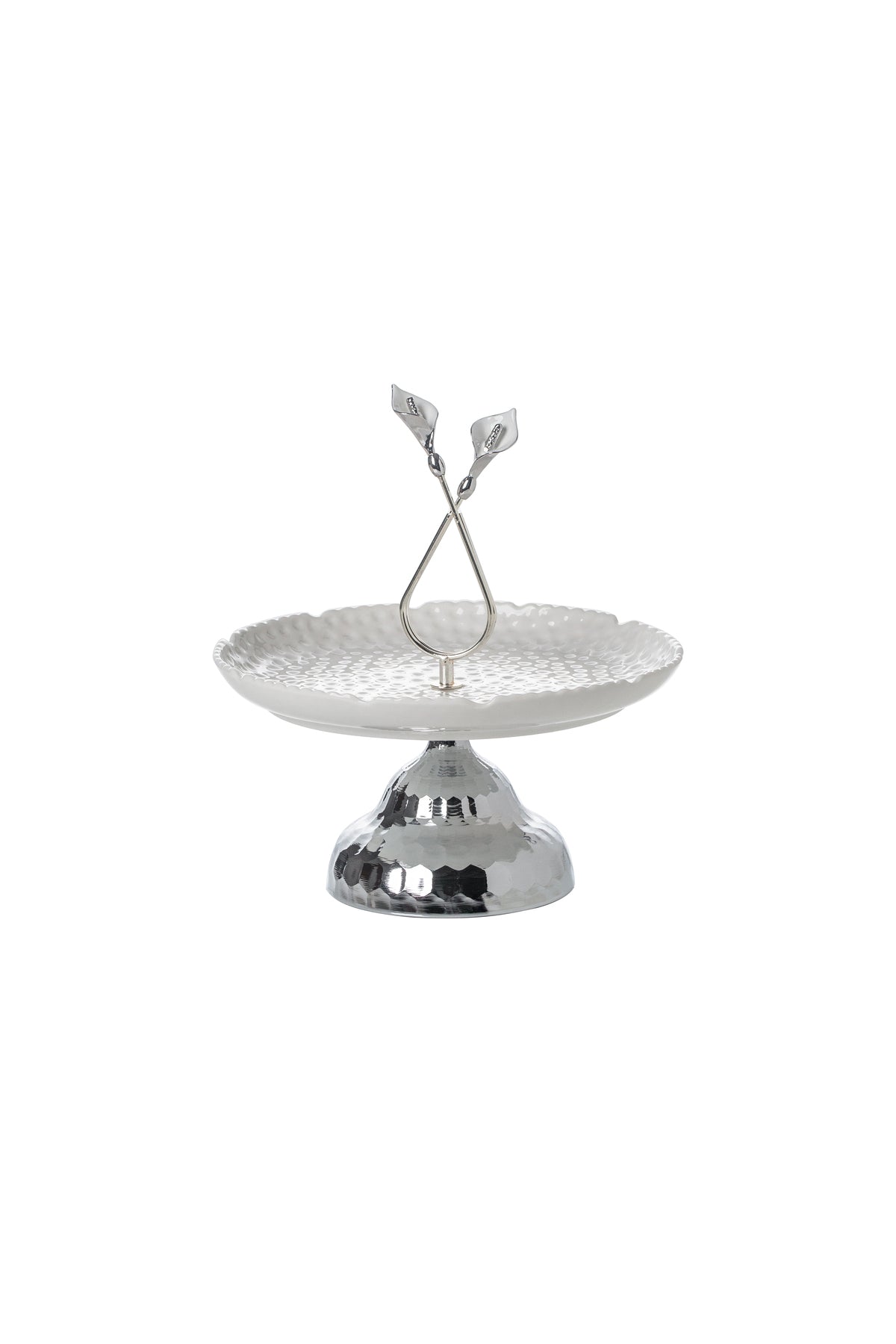 Platou servire din Porțelan cu Picior Metalic și Mâner Decorativ - 27.8 cm