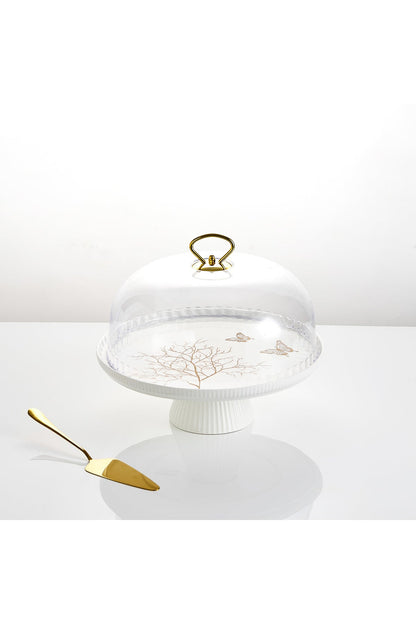 Platou tort din porțelan cu picior și capac transparent, 27.5 cm - Lifetree Collection