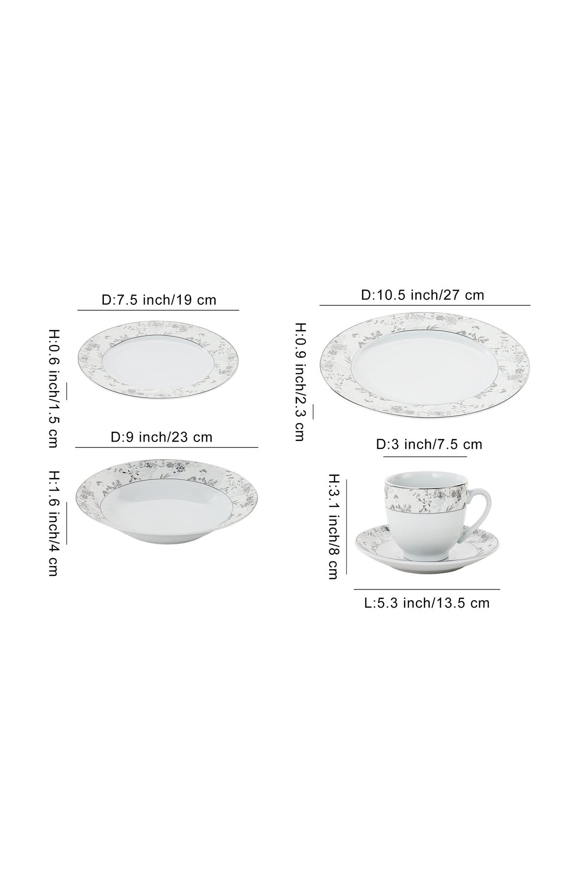 Serviciu de Masă6 persoane Charcoal Blossom din Porțelan Premium, 30 piese, Design Floral Dens