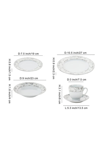 Serviciu de Masă6 persoane Charcoal Blossom din Porțelan Premium, 30 piese, Design Floral Dens