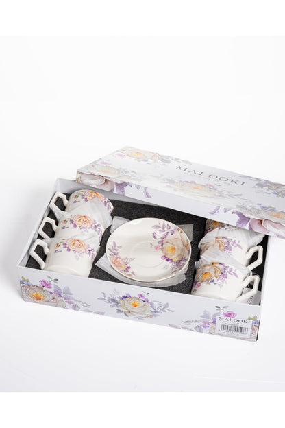 Set 6 cești cafea Provence – porțelan floral cu trandafiri și lavandă, 12 piese cu farfurioare