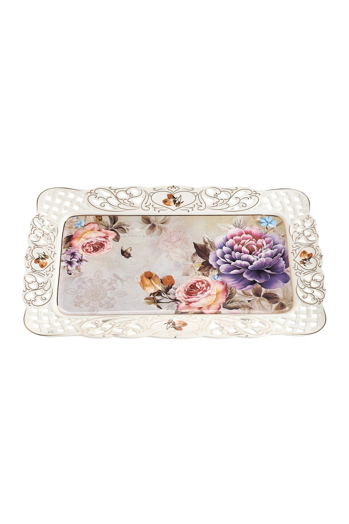 Tavă servire porțelan model floral vintage, margini dantelate decupate, 36 x 23 cm