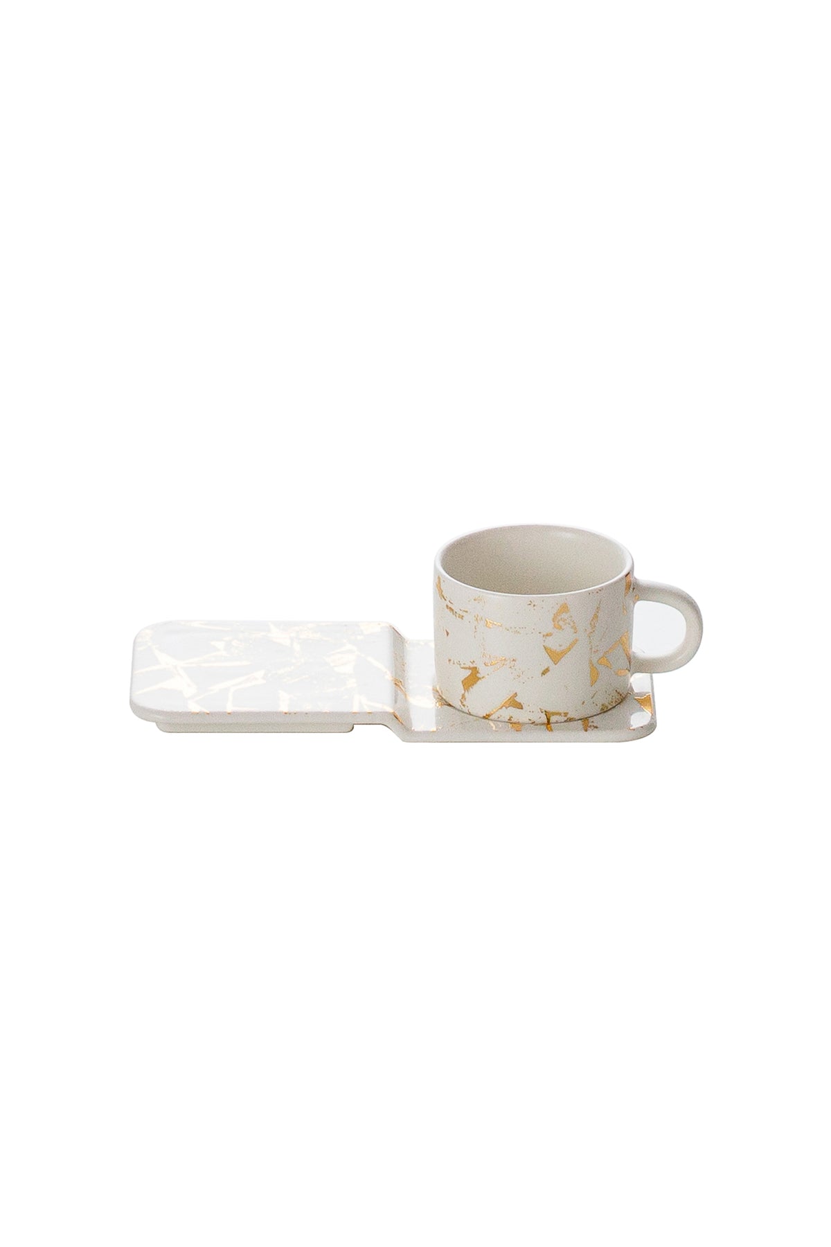 Set 6 căni de cafea, porțelan, 90 ml, cu farfurioare, Malooki, alb/auriu